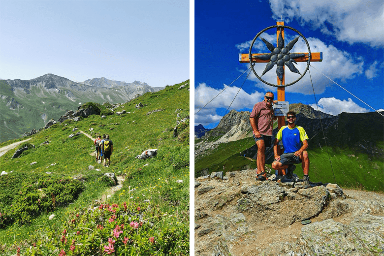 Links: wandelen door de Tuxer Alpen. © Kai Conzelmann-Outdoortest (Alpinhotel Berghaus) Rechts wandelgidsen Sepp en Josi bij een gipfelkreuz. © Alpinhotel Berghaus