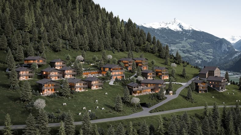 Amonti Chalets telt 23 luxe chalets op een zonnige helling in het Ahrntal. © Amonti Chalets