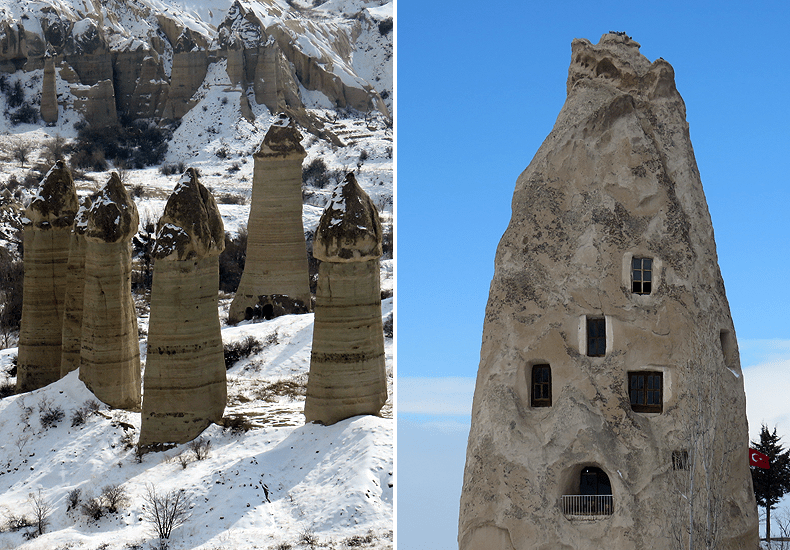 Cappadocië, 'het land van de mooie paarden', staat bij toeristen bekend als het land van de 'fairy chimneys' en de grotwoningen. Links rotsformaties in de Love Valley, rechts grotwoningen in Uçhisar. © Nico van Dijk / Reisprofs.nl