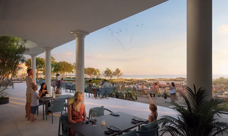 Vanaf het heerlijke terras van het Cavallino Bianco Caorle – Venezia heb je uitzicht op het privé-strand en de Adriatische Zee. © artist impression Cavallino Bianco 