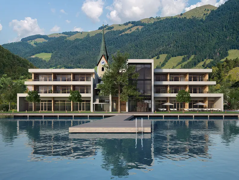 De 22 suites van Das Walchsee Lakeside liggen direct aan de Walchsee. © Pott Architekten.Ingenieure / Das Walchsee Aktivresort
