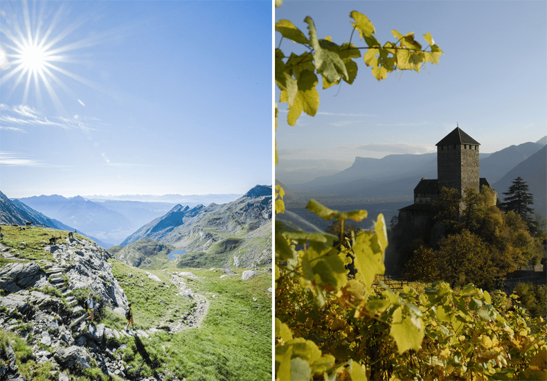 Maak een wandeling door de bergen van Merano (foto links © Dorf Tirol /Hotel Golserhof) Of bezoek Schloß Tirol in het nabijgelegen Dorf Tirol.