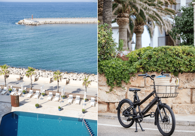 Vanaf je balkon van hotel Portixol in Palma de Mallorca kijk je uit over het buitenzwembad en de zee. Of pak lekker een van de hotelfietsen om Mallorca op de fiets te verkennen. © Johanna Gunnberg /Hotel Portixol