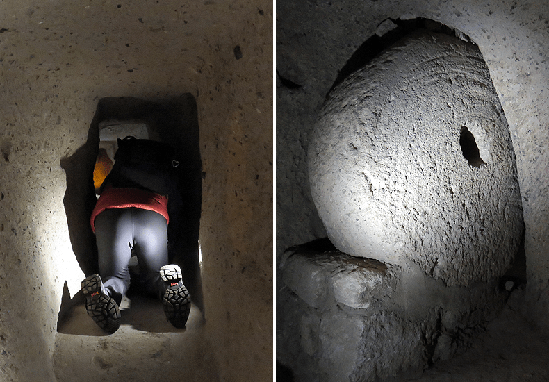 De Kaymakli grotten, die op de Unesco Werelderfgoedlijst staan, zijn op sommige plekken zo nauw dat je er op handen en voeten doorheen moet kruipen. Rechts een sluitsteen waarmee deze ondergrondse kamer van binnenuit afgesloten kon worden. © Nico van Dijk / Reisprofs.nl