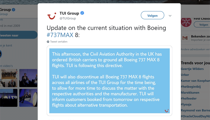 TUi houdt Boeing 737Max 8 toch aan de grond